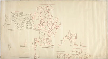 Overtrek van een muurschildering van Casa de Monjas, Chichen Itza, Mexico, overgetrokken en geïnkt in zwart en rood