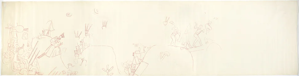 Tekening van een muurschildering van de oostelijke muur, Bovenste Tempel van de Jaguars, Chichen Itza, Mexico