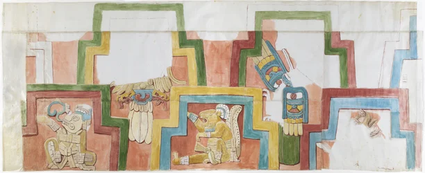 Waterverfkopie van de stucgevel van de tempel op de piramide in Acanceh