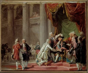 Ontvangst van een ridder van de Orde van Sint-Lazarus van Jeruzalem en van Onze-Lieve-Vrouw van de Karmelberg door de laatste grootmeester, de graaf van Provence, de latere koning Lodewijk XVIII (1755-1824), onder Lodewijk XVI, schilderij van Adélaïde