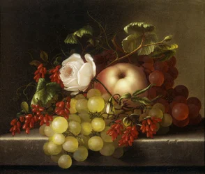 Stilleven met perzik, druiven en rozenbottels