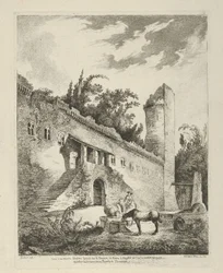 Gezicht op een oud kasteel gelegen op de weg van Rome naar Napels uit Differentes vue...
