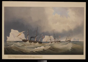 H.M.S. Phoenix met haar begeleiders, The Diligence en Breadalbane, tussen de ijsbergen