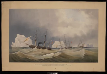 H.M.S. Phoenix met haar begeleiders, The Diligence en Breadalbane, tussen de ijsbergen