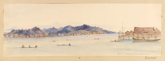 Borneo - Uitzicht op de Rivier vanuit ons huis uit West-Indië, Noord-Amerika en Borneo plakboek, ca. 1845