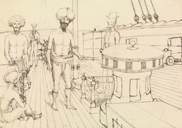 Seru [Seru Epenisa Cakobau (Thakombau)], aan boord, en Masomalua (met de hoed), okt 1849 [Fiji]