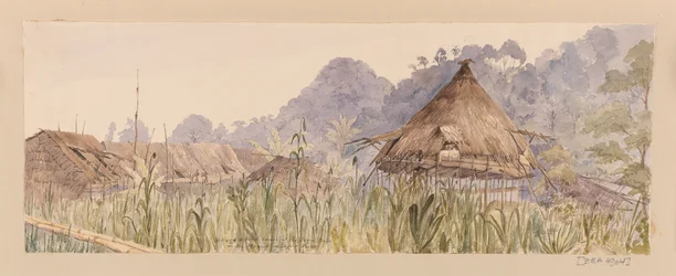 Dorp en hoofdgebouw van de Segu-stam of aan de Manuk- of Segur-rivier uit West-Indië, Noord-Amerika en Borneo plakboek