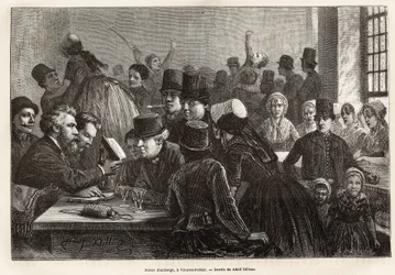 Scène in een herberg, in Vrouwe-Polder (Vrouwe Polder), gravure naar de tekening van Adolf Dillens, ter illustratie van een reis naar Zeeland (Nederland), in 1873, door Charles de Coster, gepubliceerd in 