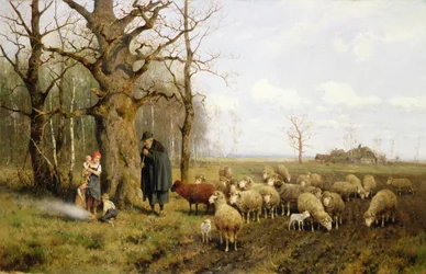 Kinderen met een herder en schapen in een landschap