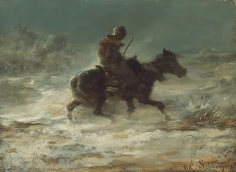 Man met lans rijdt door de sneeuw