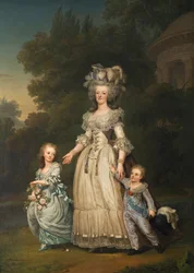 Koningin Marie Antoinette van Frankrijk en twee van haar kinderen wandelend in het park van Trianon, 1785