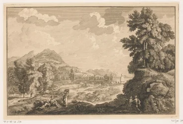 Arcadisch rivierlandschap met herders en vrouw met een wasmand