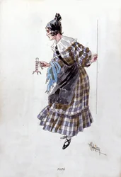 Kostuum van het personage Mimì voor de opera „La Bohème“ van Giacomo Puccini (1858-1924). Aquarel van Adolfo Hohenstein.