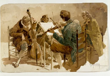 Vier muzikanten Drie violisten en een cellist. Poster door Adolfo Hohenstein (1854-1928) Dim. 293x454 cm Privécollectie