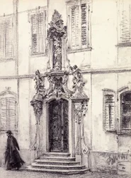 Een man die de trap van een gebouw met een barok portaal afdaalt, 1884
