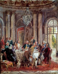 De tafelronde van Frederik II van Pruisen (1712-1786) met Voltaire (François Marie) Arouet de Voltaire (1694-1778) en Christoph Ludwig von Stille (1696-1752) in het Paleis Sanssouci