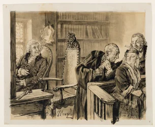 Adam spreekt in het geheim met Eva. Licht luistert mee. De raadsheer roept Adam terug naar de rechterstoel. uit Heinrich von Kleist, De gebroken kruik