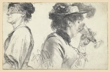 Borststuk van een dame met sluier en een dame met hoed die uit een glas drinkt
