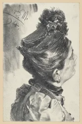 Busteportret van een omhoogkijkende dame met hoed, naar rechts gericht