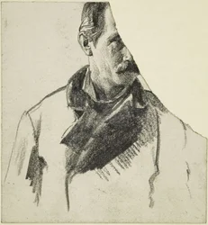 Busteportret van een man met snor, het hoofd naar rechts gewend