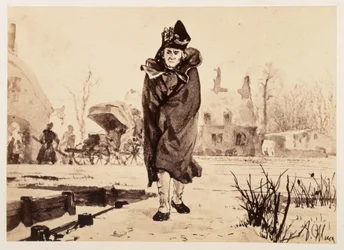 Raadsheer Walther komt, in zijn mantel gehuld, naar voren. Achter hem staat zijn uitgespannen reiswagen, bij „De gebroken kruik” van Heinrich von Kleist