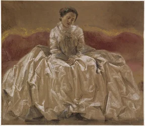Modelstudie (Emilie, de zus van Menzel) van prinses Wilhelmine van Pruisen (markgravin Wilhelmine van Bayreuth), zittend op de bank. Voorstudie voor het schilderij „Het fluitconcert van Frederik de Grote in Sanssouci“