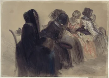 Muzikale avond, zes dames zitten op stoelen in een rij die naar rechts in de diepte loopt, deels in gesprek