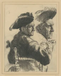 Studieblad: zittende officier van achteren gezien, hoofdstudie, details van het gezicht