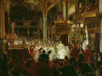 De kroning van Wilhelm I tot koning van Pruisen in het kasteel van Königsberg in 1861, 1861.