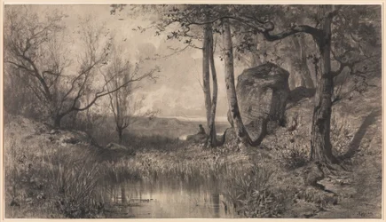 Een vijver met een visser langs de rivier de Ain