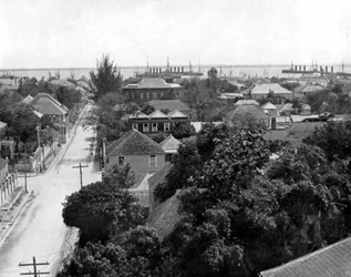 Duke Street en de haven, Kingston, Jamaica, ca. 1905