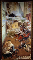 Gavroche op de barricade. Illustratie van Les Misérables door Victor Hugo (1802-1885). Parijs, huis Victor Hugo