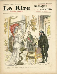 Illustratie van Adolphe dit Willette voor de omslag van Le Rire, 22/02/13 - President van de republiek, hoed, Elysee, armstoel (symbool van macht) - Poincaré Raymond