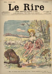 Roodkapje - herderin topless, Roodkapje - Maar, het is leuk om de wolf te zien...! Waarschijnlijk heeft oma hem nooit gezien. Tekening door A. Willette voor het Lachen Nummer 35, 6 juli