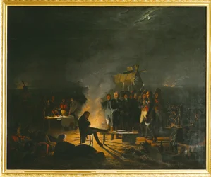 Napoleon in zijn bivak op het slagveld van Wagram ... (schilderij op doek)