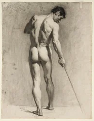 Levensstudie van een mannelijk naakt met een stok, c.1910-12