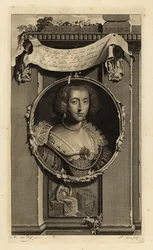 Elisabeth Stuart, koningin van Bohemen, keurvorstin van de Palts, vrouw van Frederik V, de Winterkoning. Elisabeth, Reine de Boheme. In jurk met gewatteerde gespleten mouwen, kanten kraag met parels. Vignet van vrouw die een gevallen kroon overpeinst. Kop