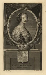 Henrietta Maria van Frankrijk, vrouw van koning Karel I van Engeland. Henriette Marie de France. In jurk met kanten kraag, parelketting. Met kroon en wapenschild. Kopergravure door Charles Simonneau naar Adriaen van der Werff uit Isaac de Larrey