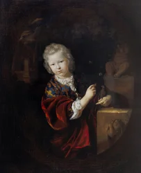 Portret van een jonge jongen met een parkiet naast een standbeeld van Hercules