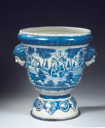 Grote Delftse blauw-witte mythologische tuinvaas in de Barokstijl, ca. 1700