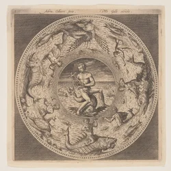 Arion op een dolfijn omringd door een rand versierd met zeewezens, uit een serie ontwerpen voor platen (Fonds de Coupe)