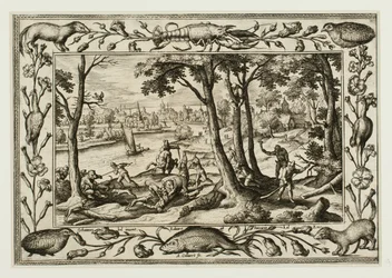 Berenjacht, uit Landschappen met scènes uit het Oude en Nieuwe Testament en Jachtscènes