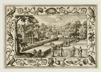 Christus en de discipelen in het veld, van landschappen met scènes uit het Oude en Nieuwe Testament en jachtscènes