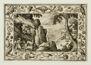 Daniël in de leeuwenkuil, uit Landschappen met scènes uit het Oude en Nieuwe Testament en Jachtscènes