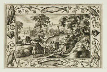 Hertenjacht, uit Landschappen met scènes uit het Oude en Nieuwe Testament en Jachtscènes