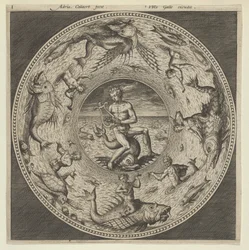 Ontwerp voor een Bord met Arion Rijdend op een Dolfijn in een Medaillon omgeven door Zeemonsters, ca. 1600