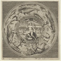 Ontwerp voor een bord met Galatea op een schelp geflankeerd door trompetters in een medaillonrand, ca. 1600
