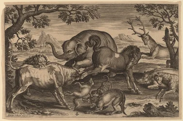 Leeuw, stier, vos, wolf, hond, everzwijn, geit, paard, olifant en hert