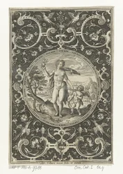 Medaillon met Venus en Amor in omlijsting van grotesken met bloemen, guirlandes, dieren en mascarons