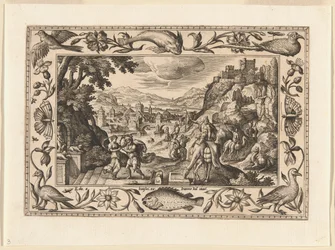 Rebekka en Eliezer bij de put, uit Landschappen met scènes uit het Oude en Nieuwe Testament en Jachtscènes